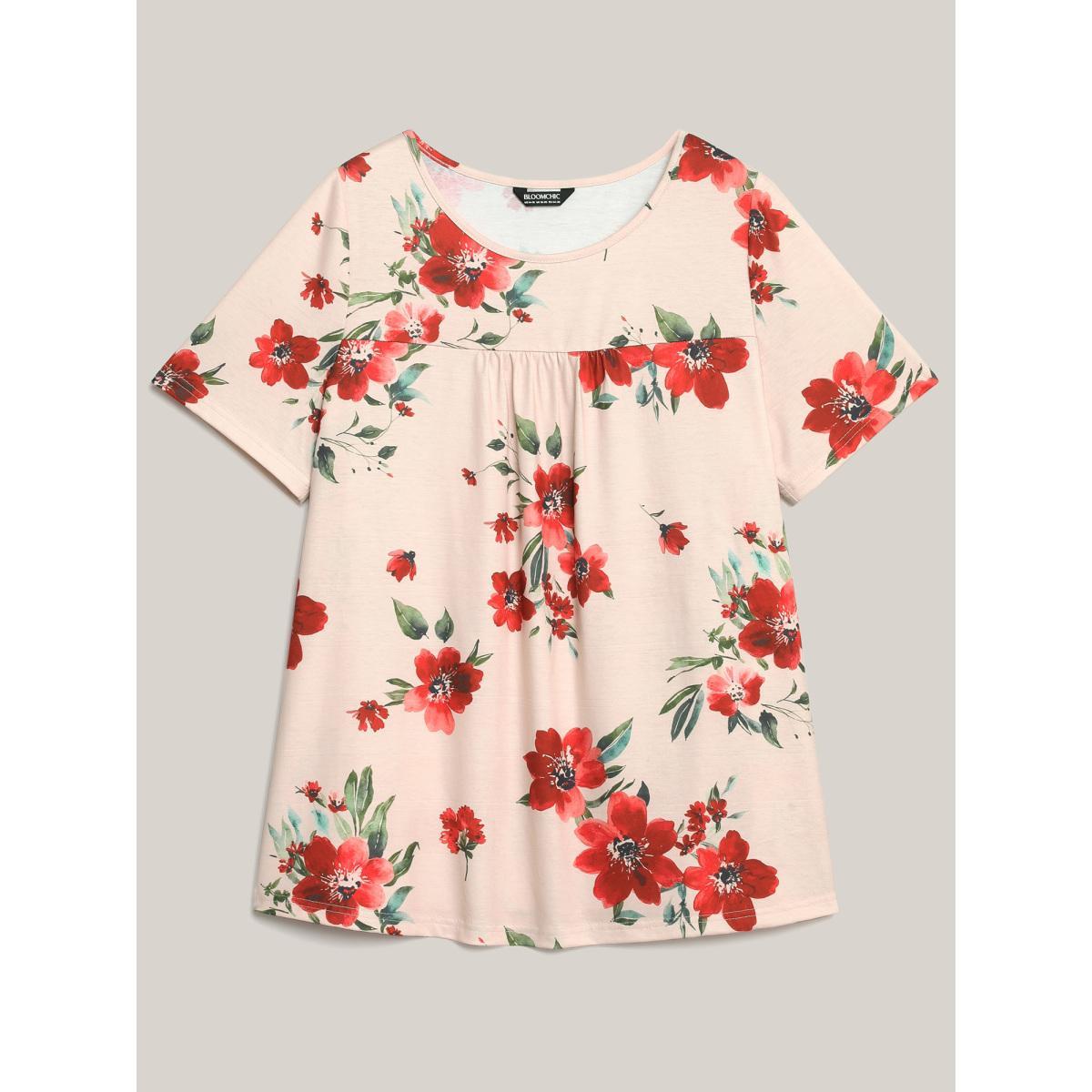 Plus Size Dreamy Floral Print Flowy Pleated T-Shirt Multicolor Women Casual Gathered Natural Flowers Round Neck Everyday T-shirts BloomChic 12/L Product Image
