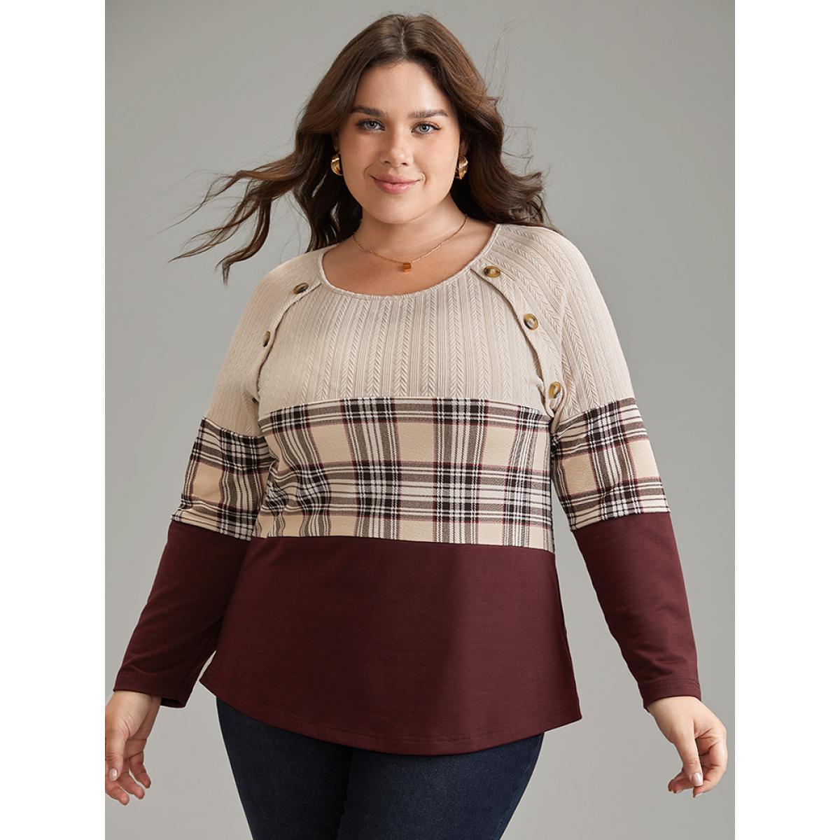 Plus Size Colorblock Contrast Button Detail Plaid Sweatshirt Women Burgundy Elegant Contrast Round Neck Dailywear Sweatshirts BloomChic 12/L Product Image