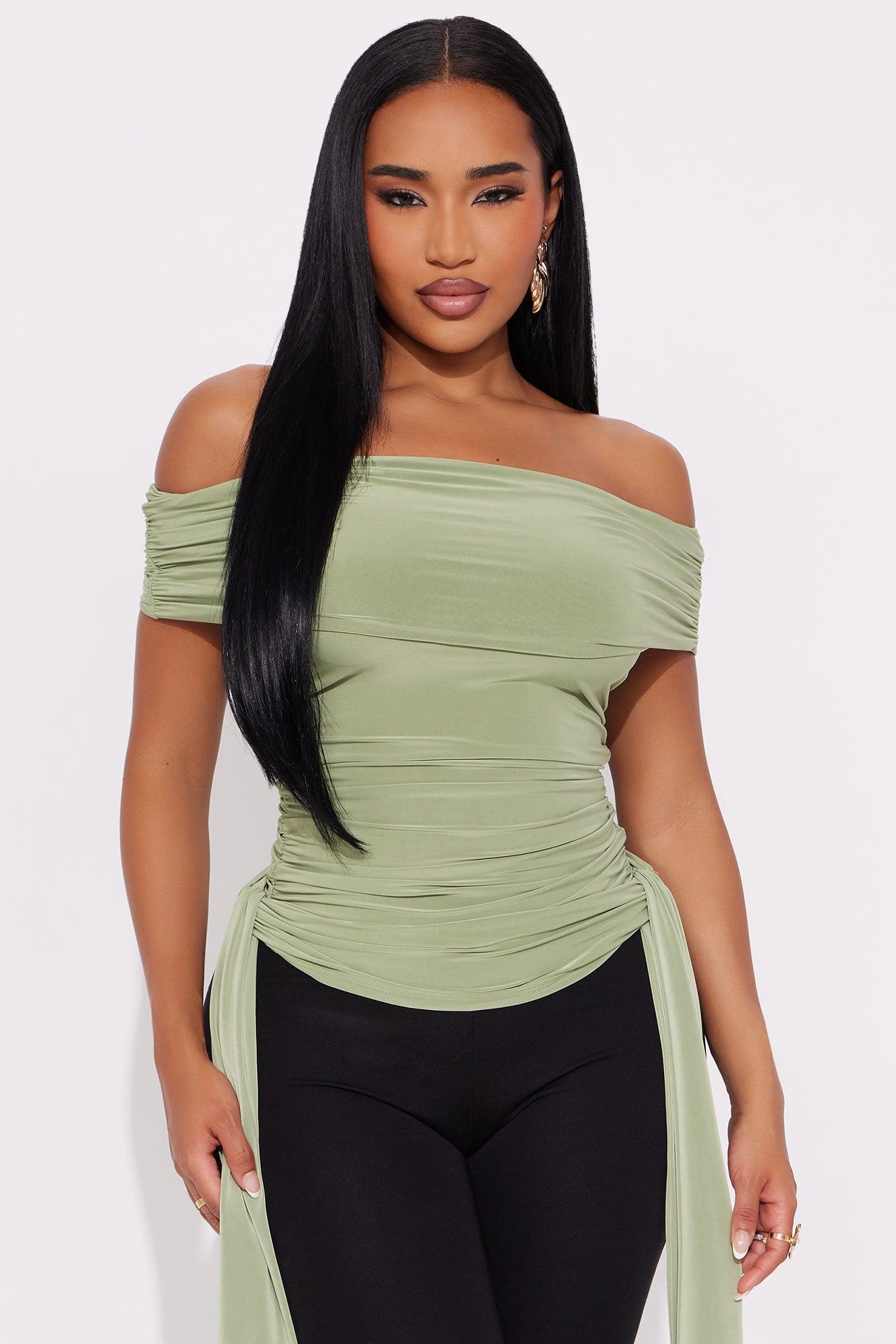 Odyss Ruched Off Shoulder Top - Sage Product Image