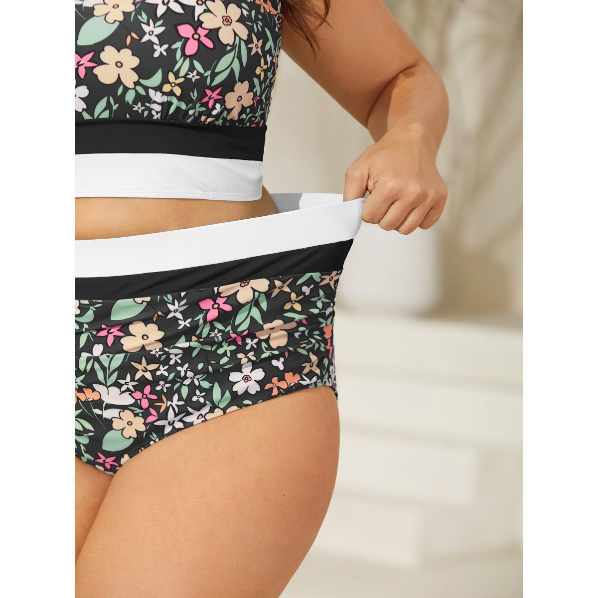 Plus Size Floral Print Color Contrast Swim Bottoms Women's Swimwear Black Beach Contrast High stretch Skinny High Rise Curve Swim Bottoms BloomChic 18-20/2X Product Image