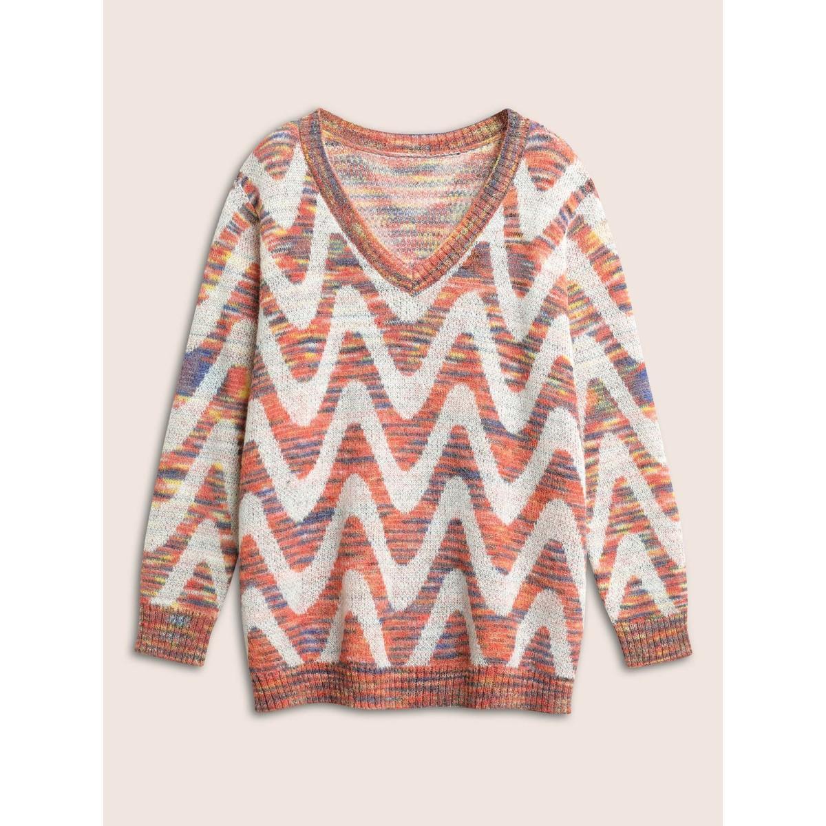 Plus Size Asymmetrical Heather Wave Elastic Cuffs Pullover Rust Women Casual Long Sleeve V-neck Everyday Pullovers BloomChic 10/M Product Image