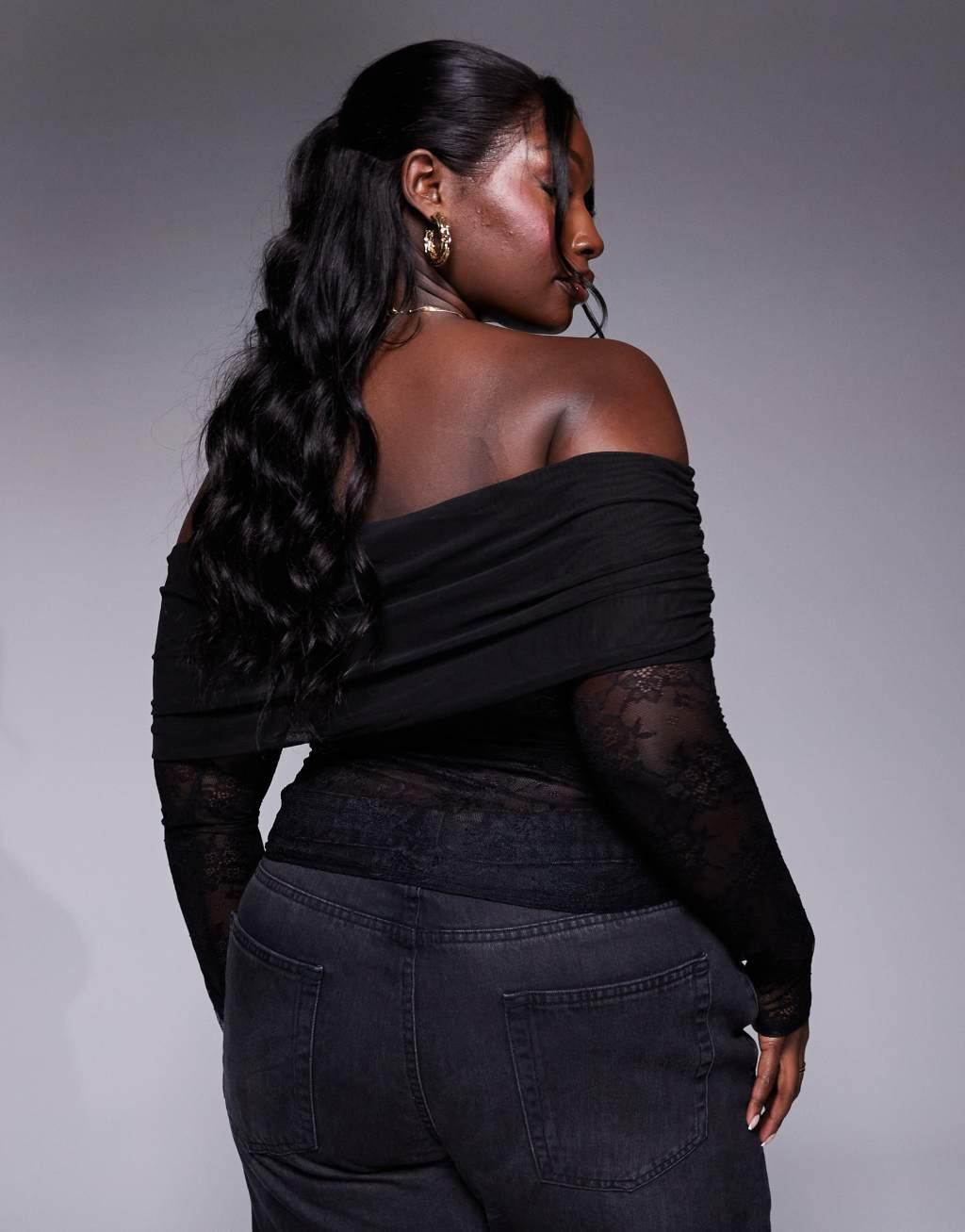ASOS DESIGN Curve lace top with mesh fold over bardot in black Product Image