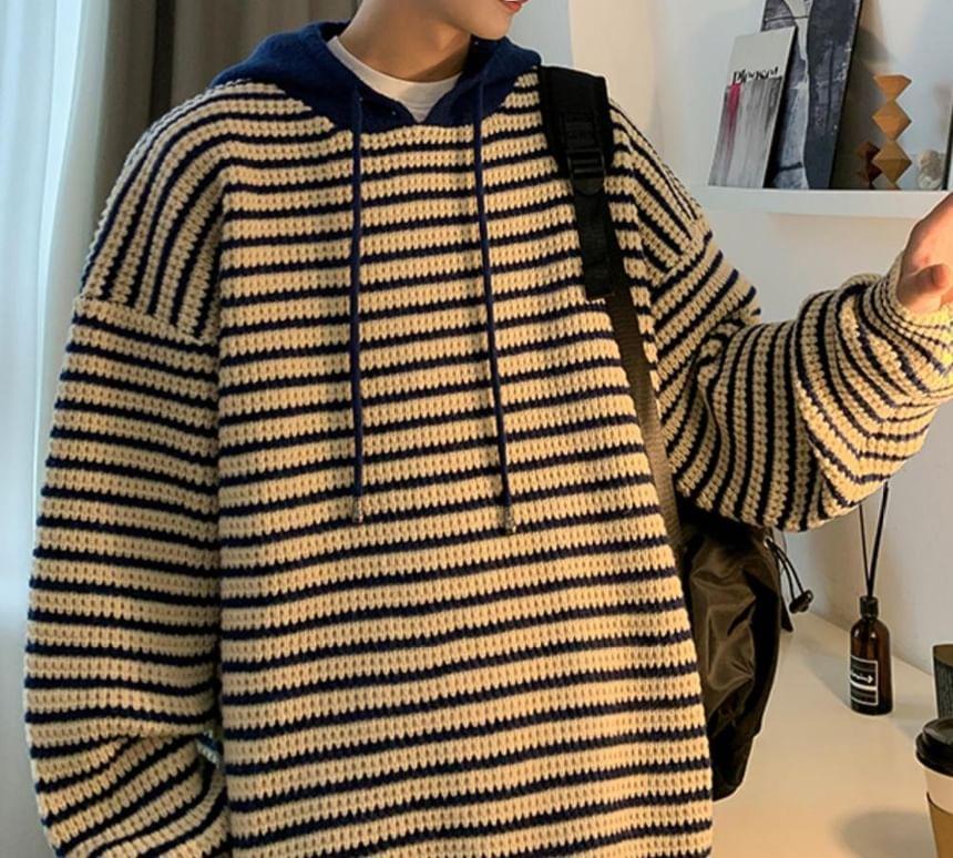 Hooded Drawstring Striped Oversized Sweater Product Image