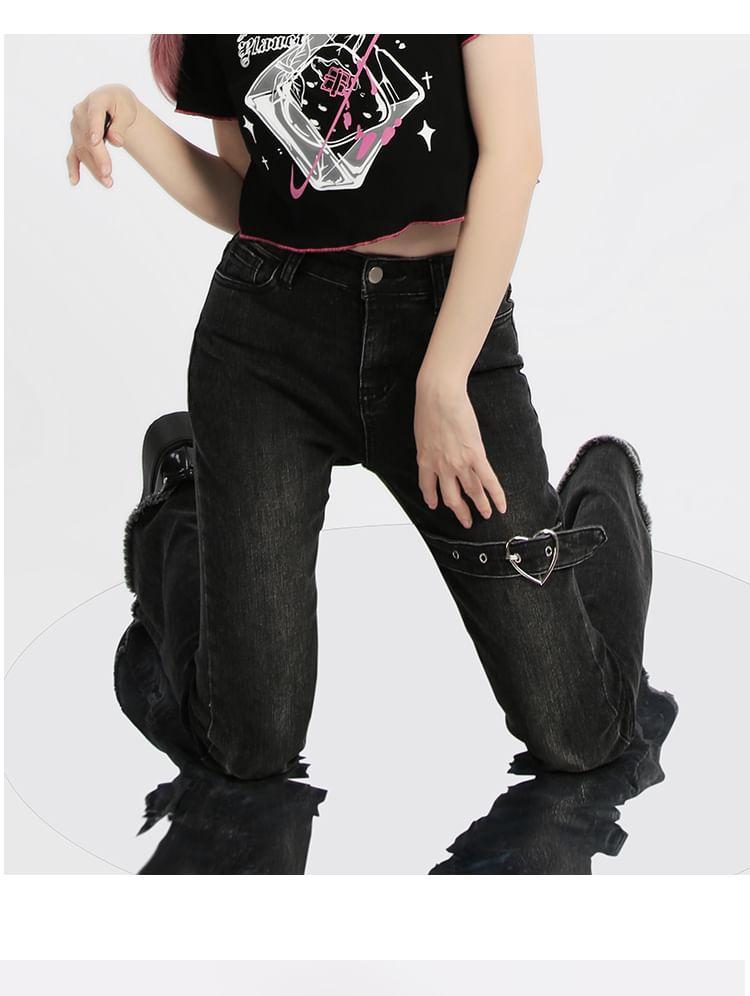 Low Rise Heart Buckled Washed Frayed Slit Flared Jeans Product Image