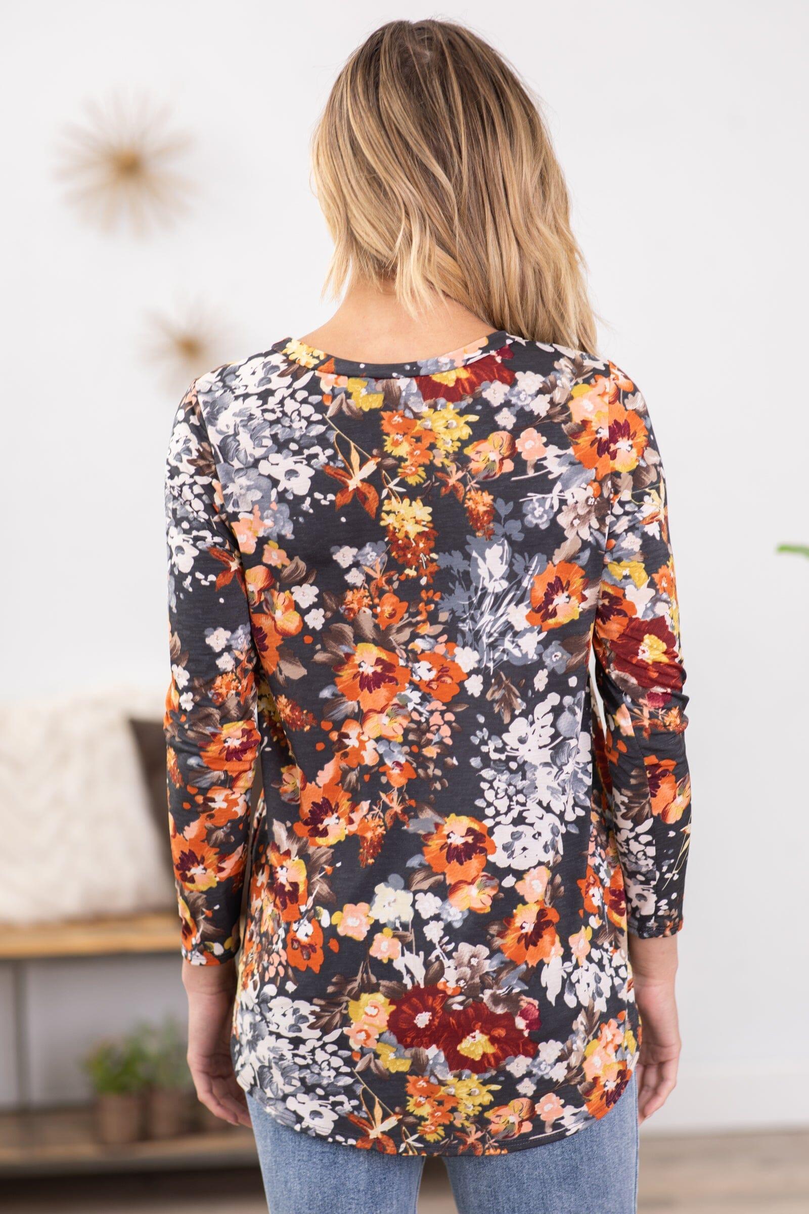 Charcoal and Orange Floral Print Top Product Image
