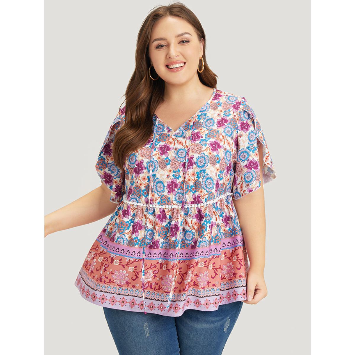 Plus Size Lilac Bandana Print Petal Sleeve Tie Neck Pompom Trim Blouse Women Vacation Short sleeve Tie Neck Dailywear Blouses BloomChic 12/L Product Image