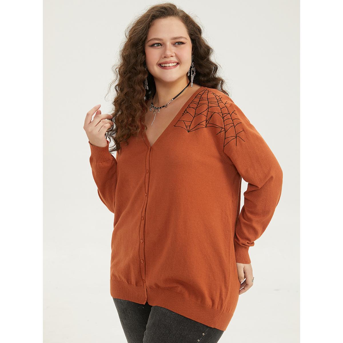 Plus Size Supersoft Essentials Halloween Spider Web Button Through Cardigan Rust Women Casual Loose Long Sleeve Dailywear Cardigans BloomChic 12/L Product Image