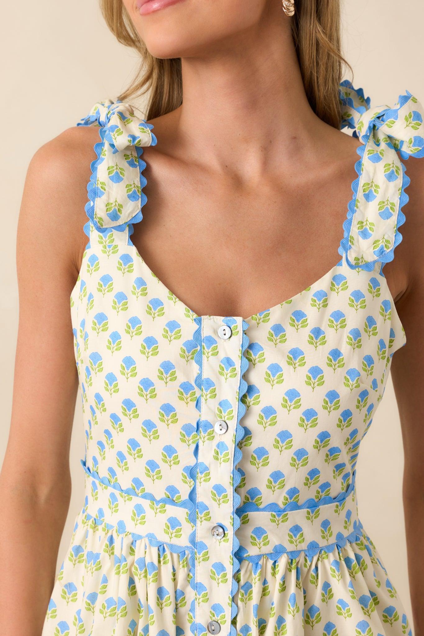 Hold Onto That Feeling Blue Floral Cotton Sleeveless Maxi Dress Product Image