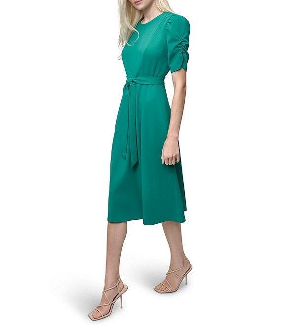 DKNY by Donna Karan Stretch Crew Neck Short Ruched Sleeve Fit and Flare Midi Dress Product Image