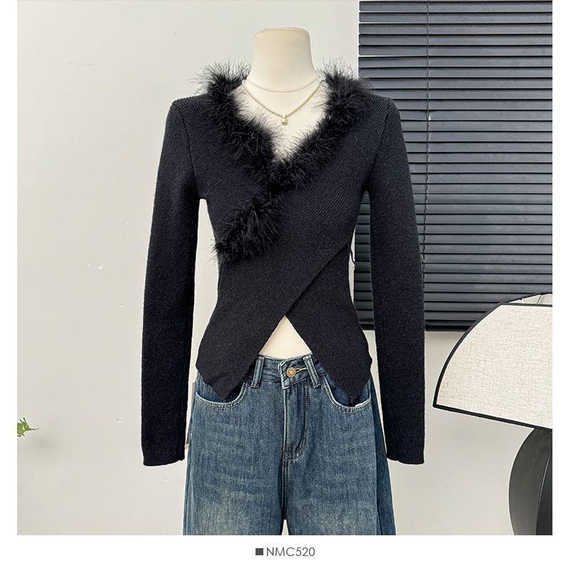 Furry-Trim V-Neck Wrapped Knit Top Product Image