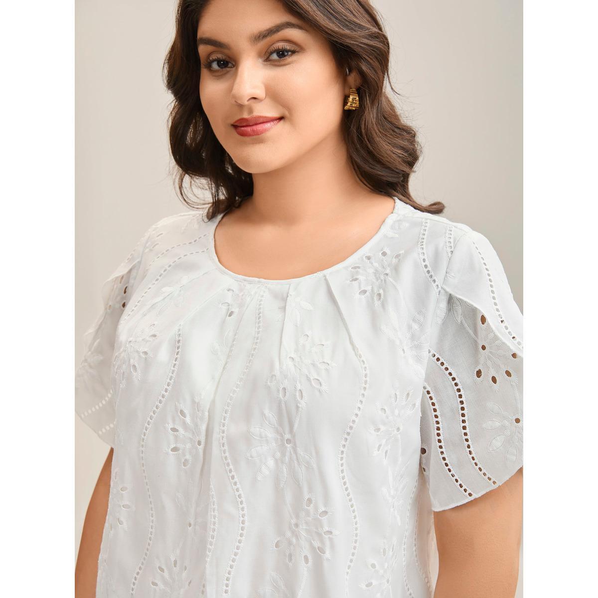 Plus Size WhiteSmoke Embroidered Eyelet Trim Pleated Shirt Women Short sleeve Round Neck Everyday-Elegant Blouses BloomChic 22-24/3X Product Image