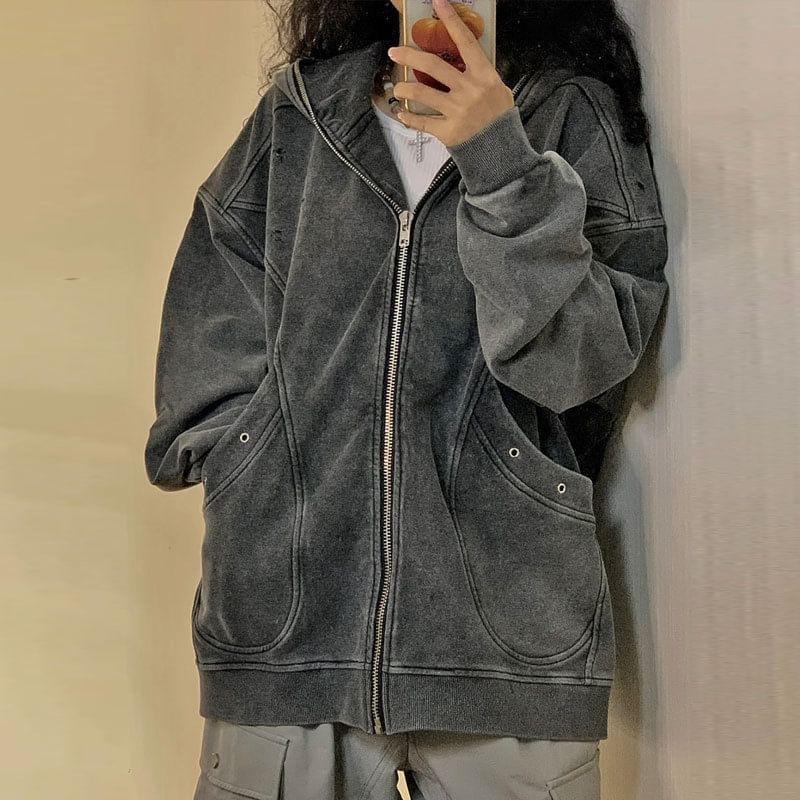 Distressed Washed Zip Hoodie Product Image