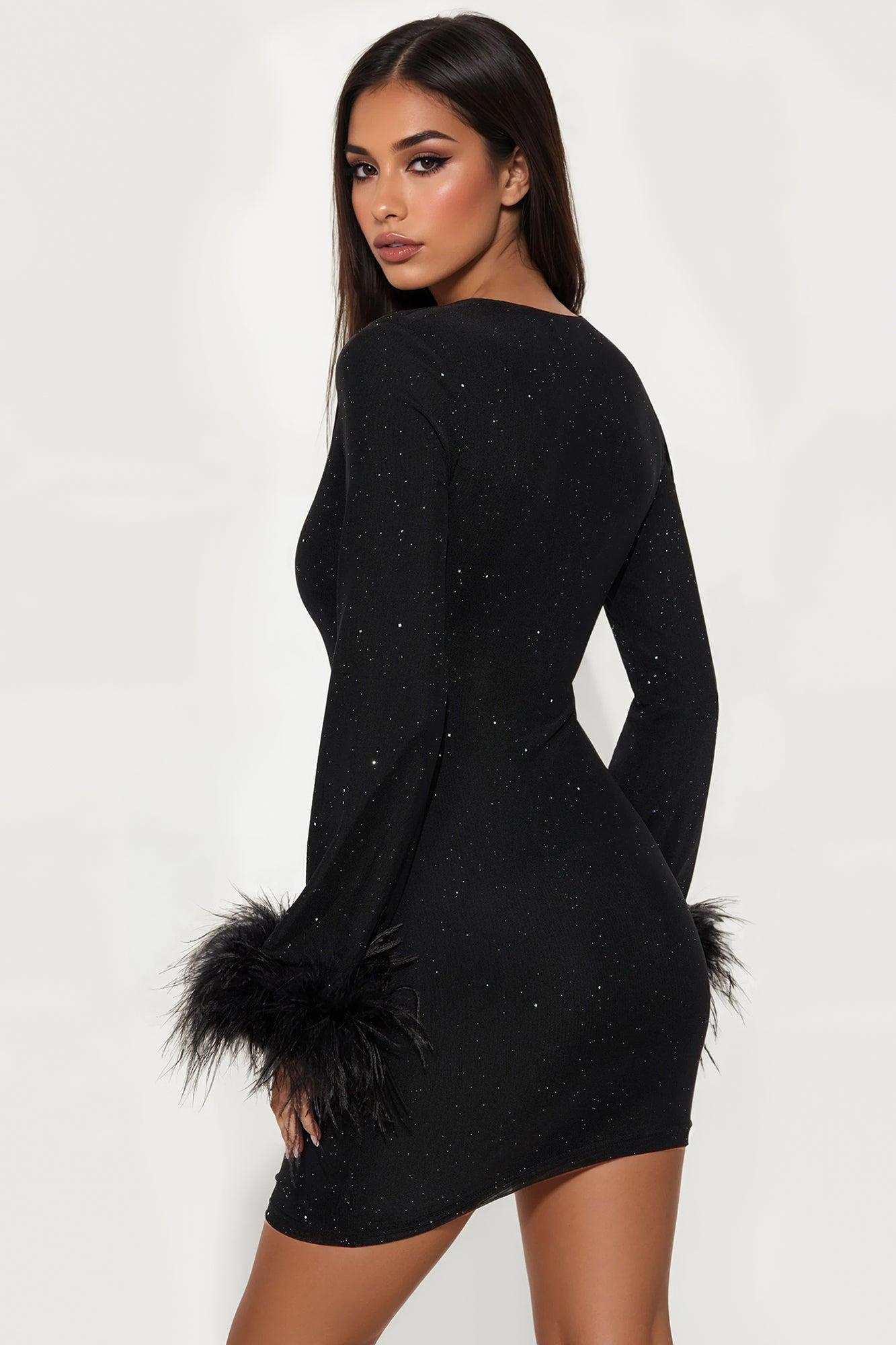 Gwen Feather Glitter Mesh Mini Dress - Black Female Product Image