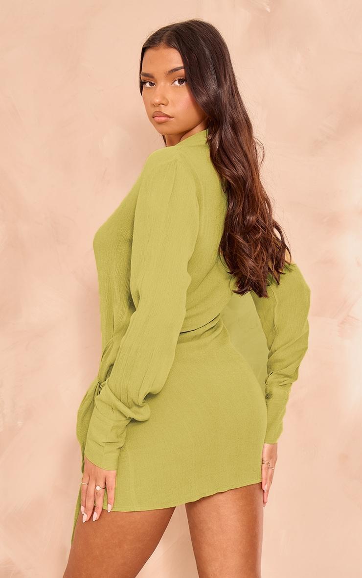 Olive Textured Plunge Wrap Shirt Dress Product Image