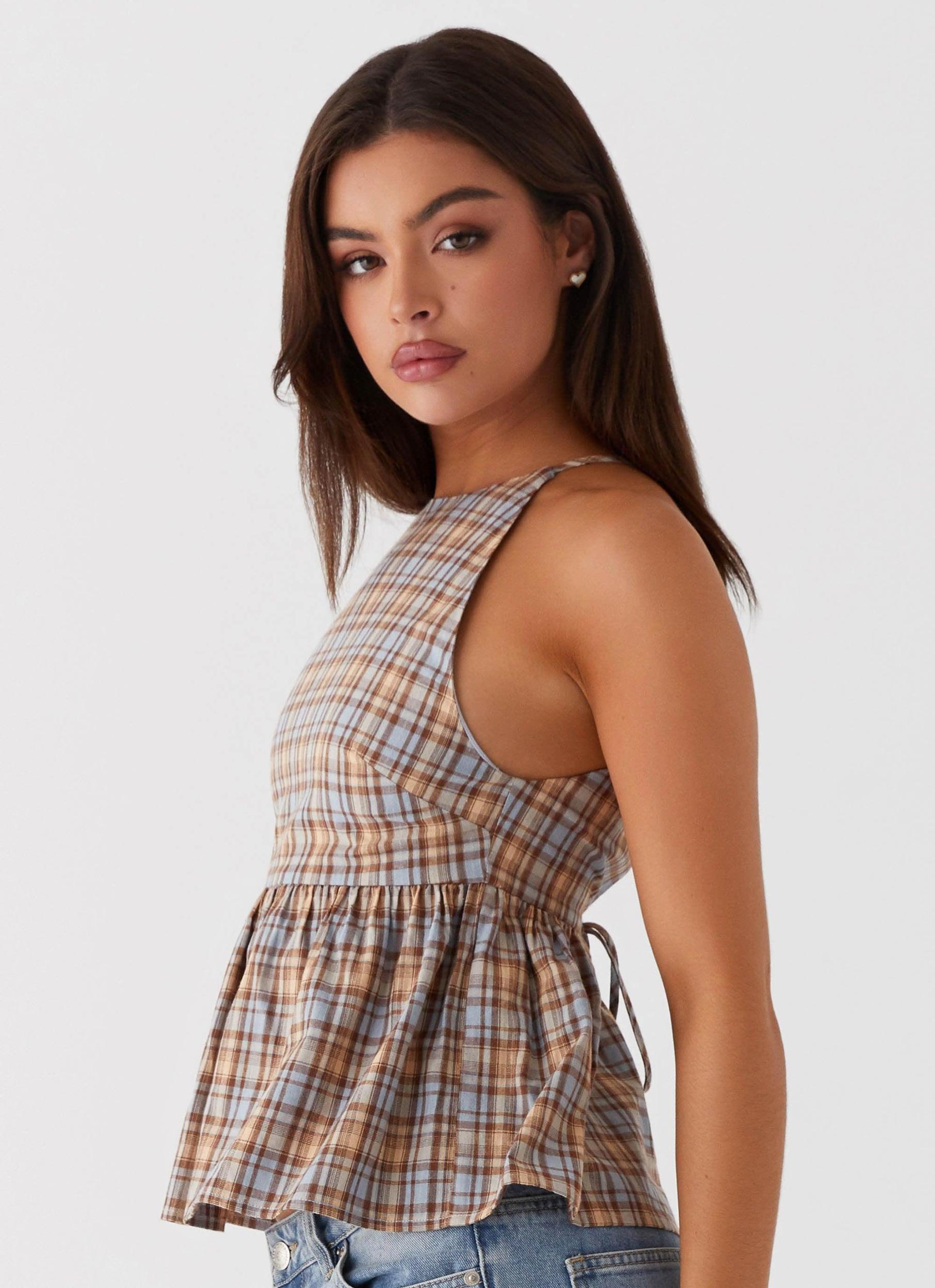 Tanith Ruffle Top - Brown Check Product Image
