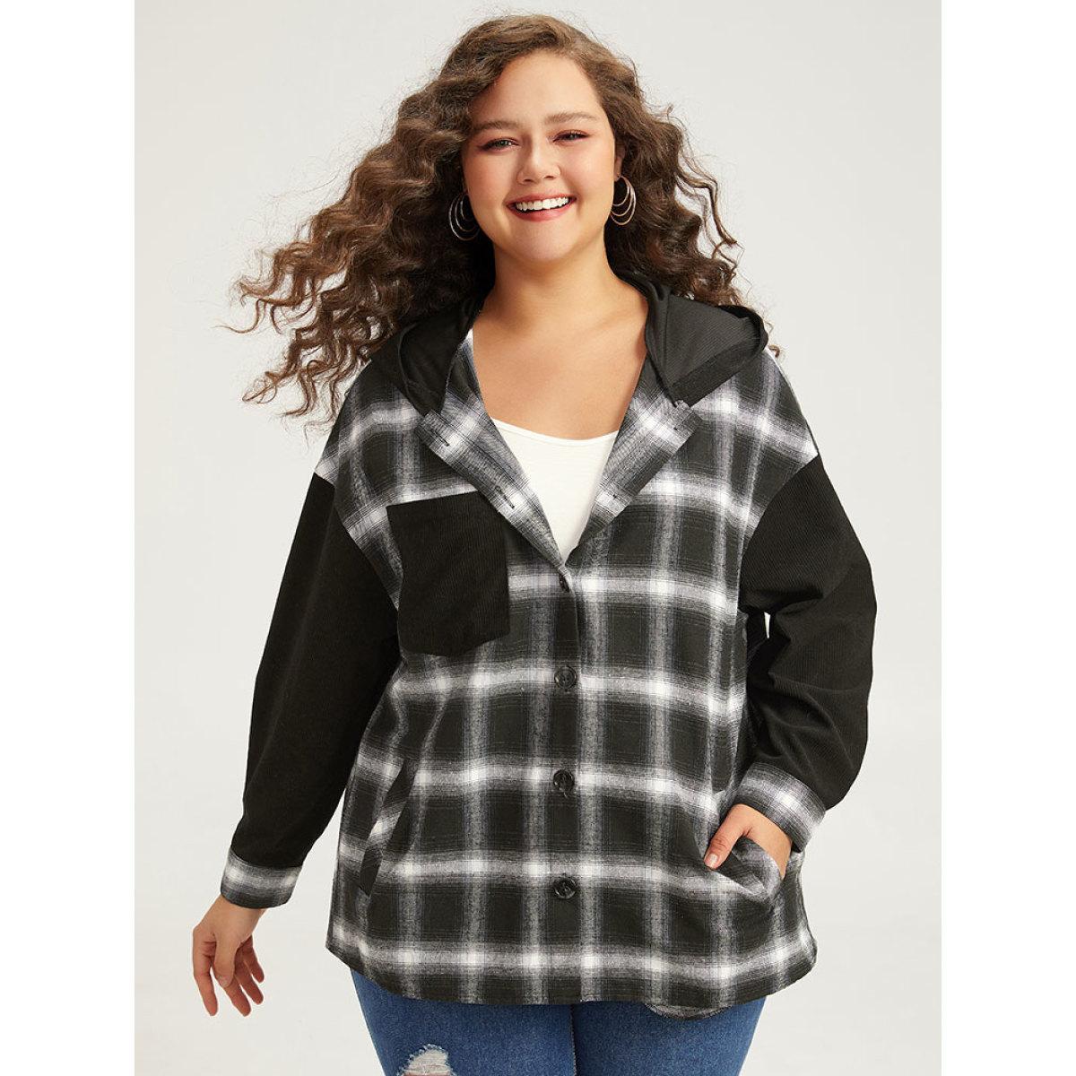 Plus Size Plaid Hooded Patched Pocket Button Up Patchwork Coat Women Black Contrast Pocket Dailywear Jackets BloomChic 14-16/1X Product Image