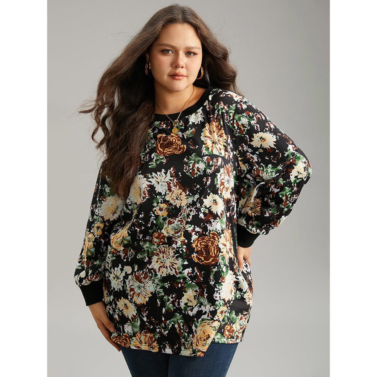 Plus Size Floral Print Elastic Cuffs Sweatshirt Women Black Elegant Printed Round Neck Dailywear Sweatshirts BloomChic 30/6X Product Image