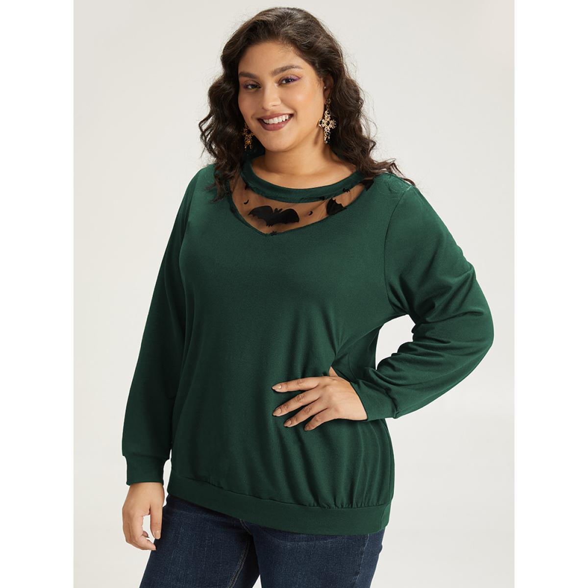 Plus Size Halloween Bat Print Mesh Patchwork Sweatshirt Women DarkGreen Elegant Elastic cuffs Round Neck Festival-Halloween Sweatshirts BloomChic 14-16/1X Product Image