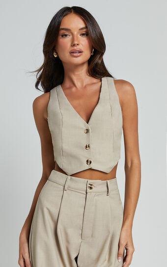 Izara Vest - V Neck Button Up Cropped Vest in Oatmeal Product Image