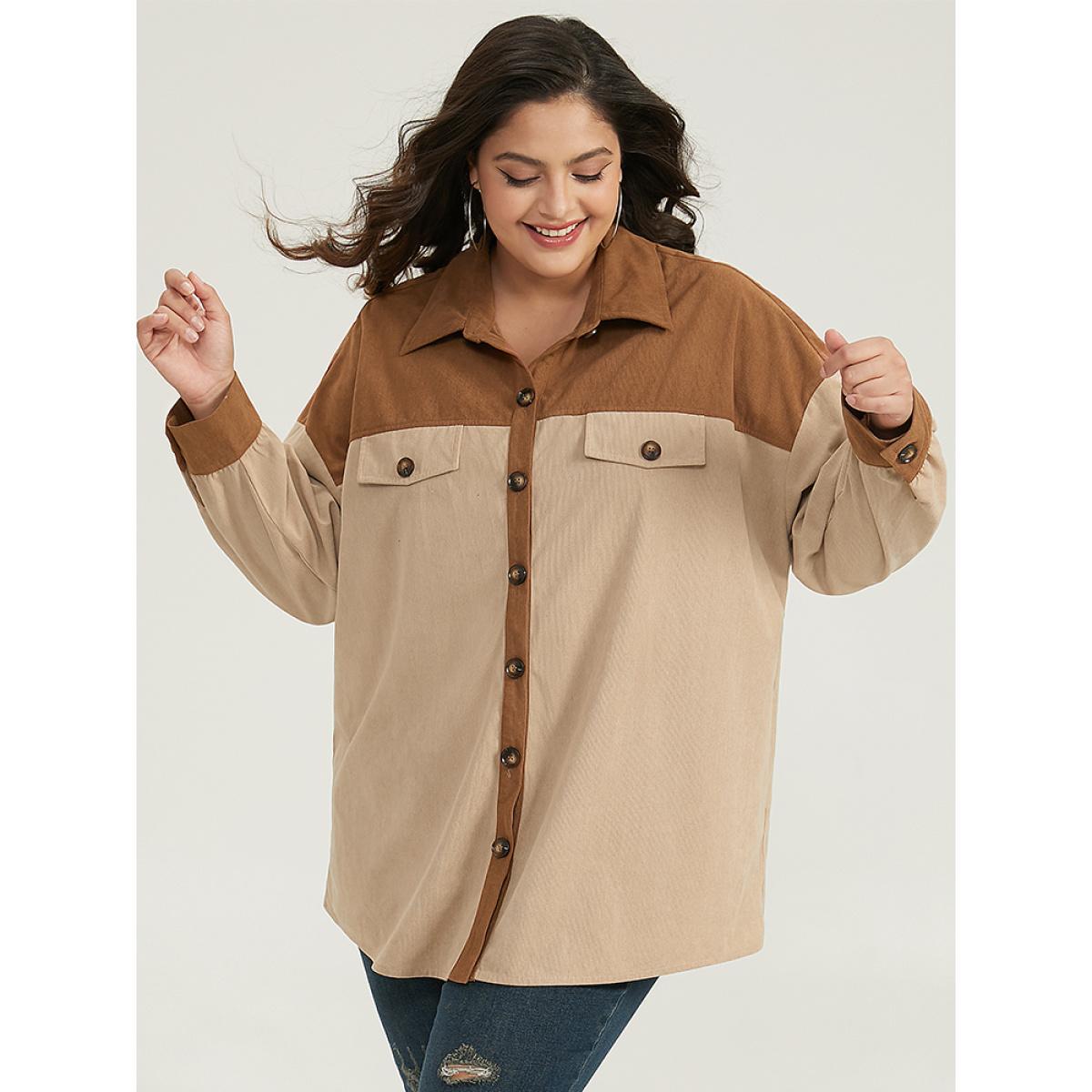 Plus Size Two Tone Button Through Patchwork Coat Women Tan Casual Contrast Ladies Dailywear Winter Coats BloomChic 30/6X Product Image