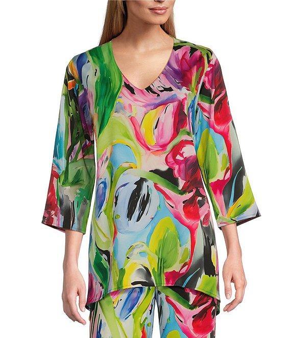 Caroline Rose Brilliant Bouquet Breezy Stretch Woven V-Neck 3/4 Sleeve Coordinating Tunic Product Image