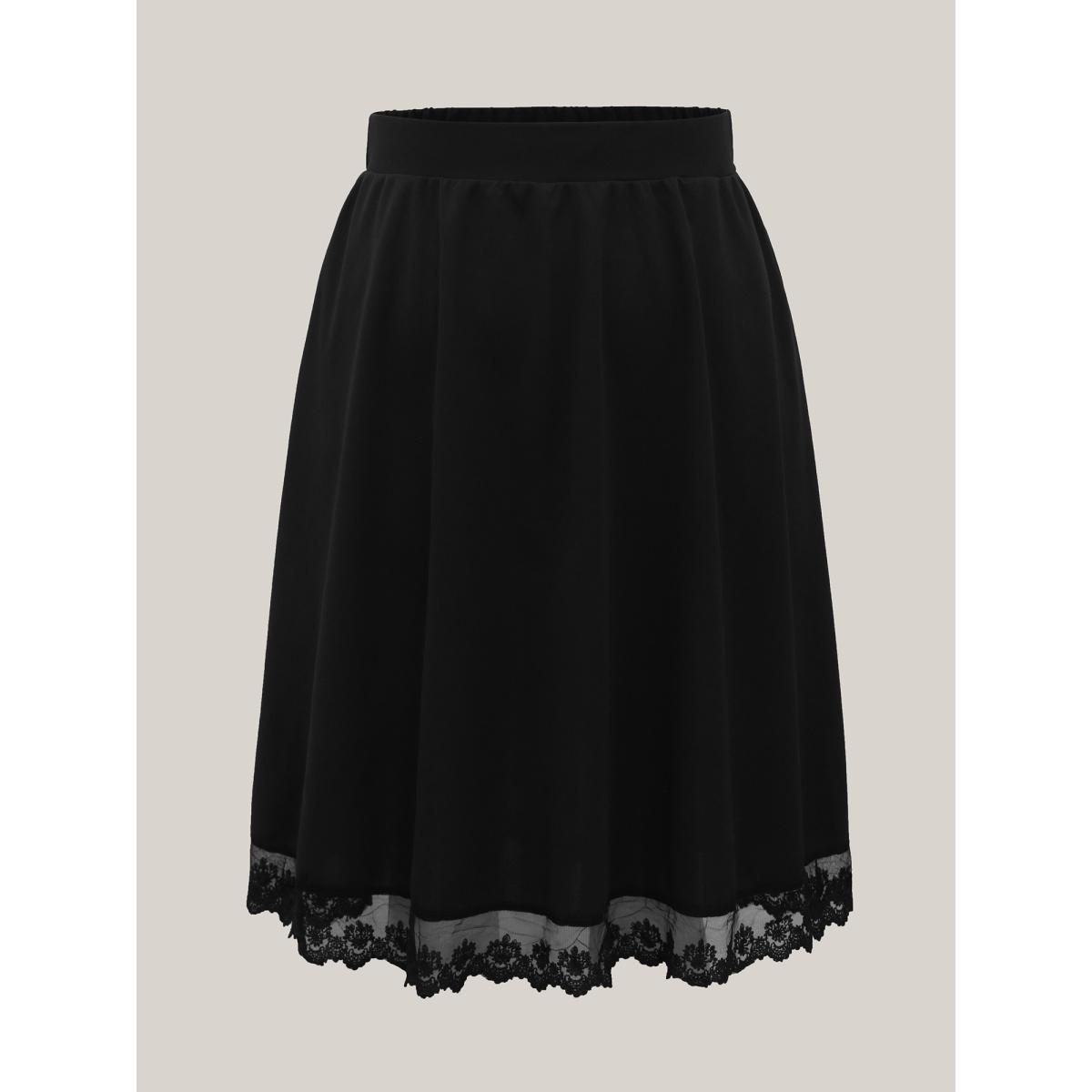 Plus Size Plain Pleated Lace Hem Midi Skirt Women Black Formal See through Bodycon Low stretch Slanted pocket Party Skirts BloomChic 12/L Product Image