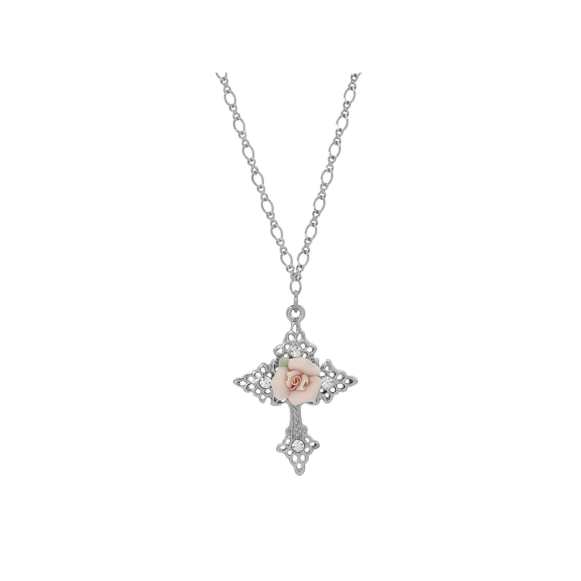 Symbols of Faith Silver Tone Simulated Crystal Porcelain Rose Cross Pendant Necklace, Womens, Pink Product Image
