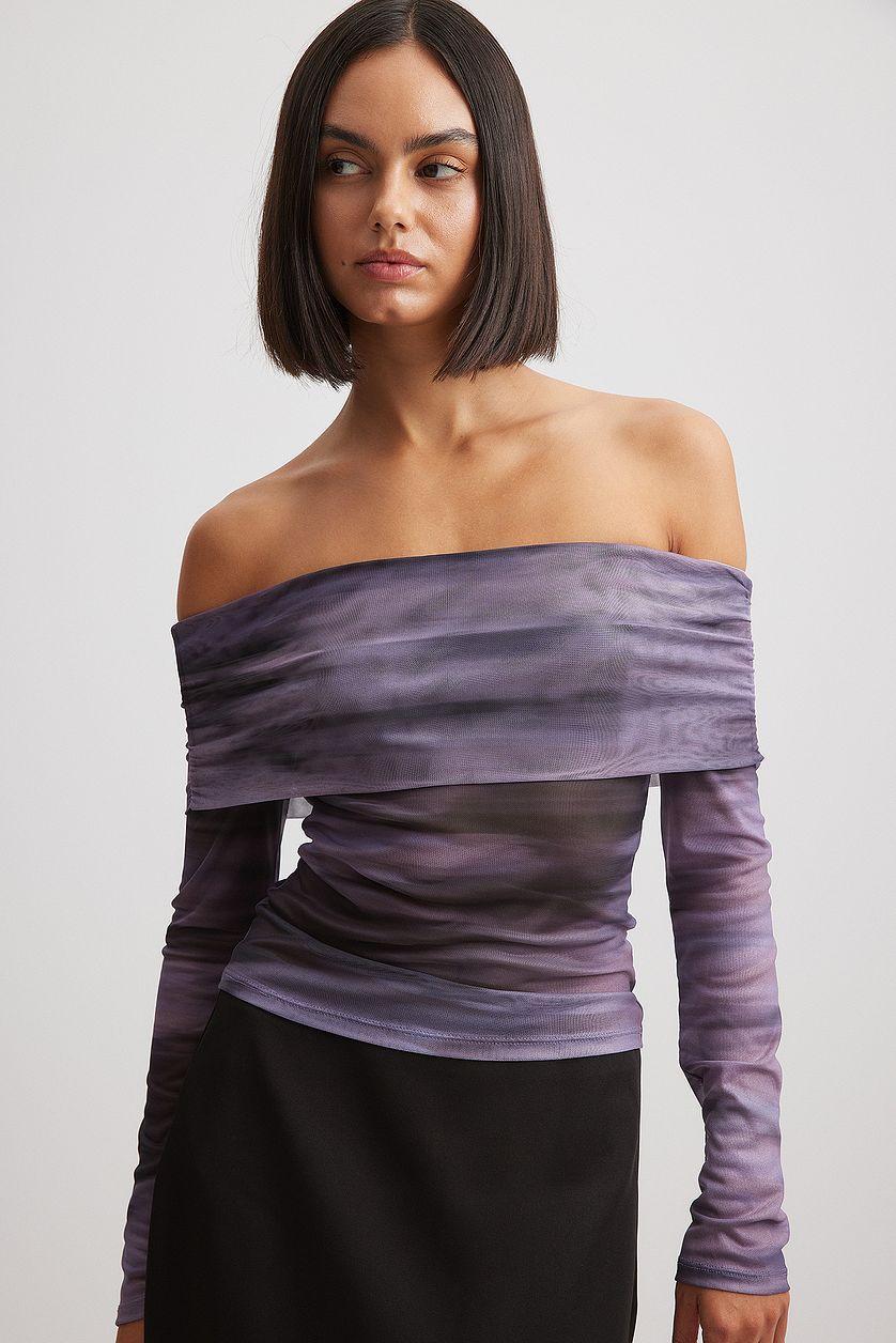 Off Shoulder Mesh Top Purple Product Image