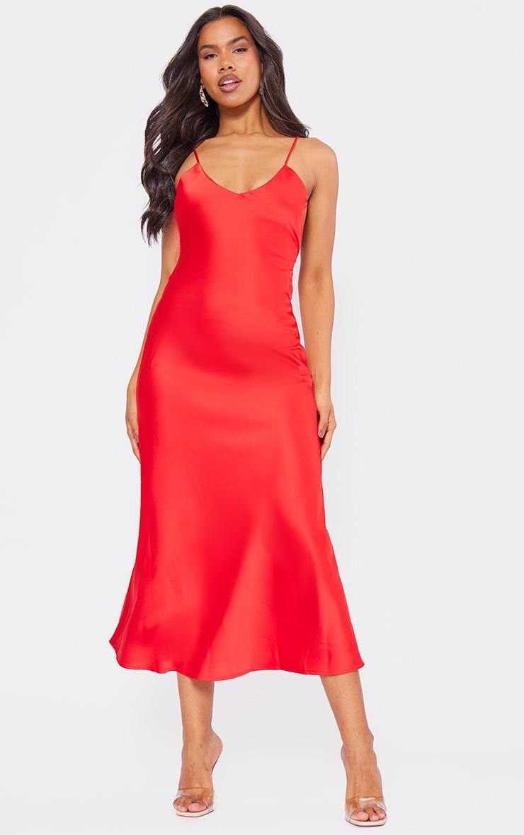 Red Satin V Neck Slip Dress Product Image