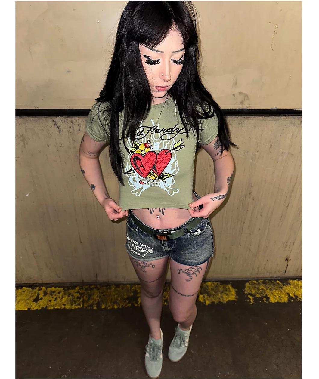 Ed Hardy Two Hearts Rhinestone Olive Crop T-Shirt Product Image