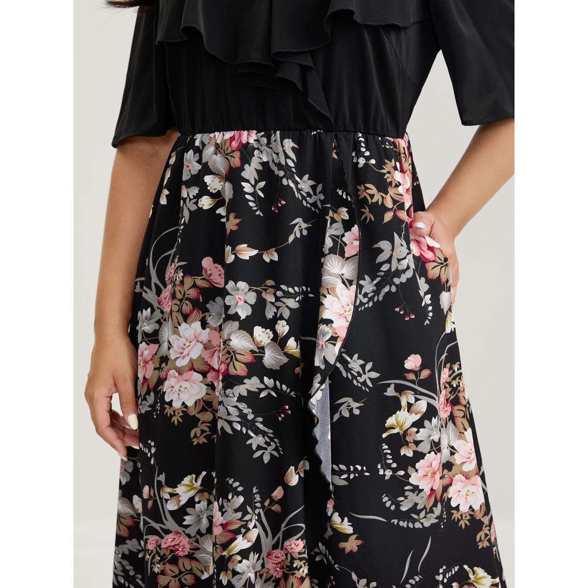 Plus Size Floral Print Overlap Hem Ruffled Midi Dress Black Women One-shoulder neck Short sleeve Curvy BloomChic 10/M Product Image