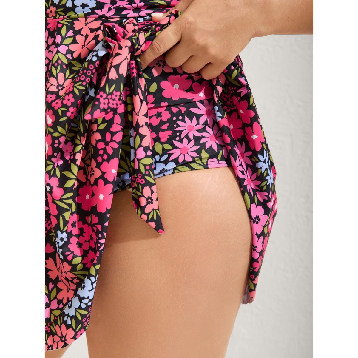 Plus Size Knotted Blooming Floral Print Swim Dress Women's Swimwear Black Beach Bodycon V-neck High stretch Curve Swim Dresses BloomChic 28/5X Product Image