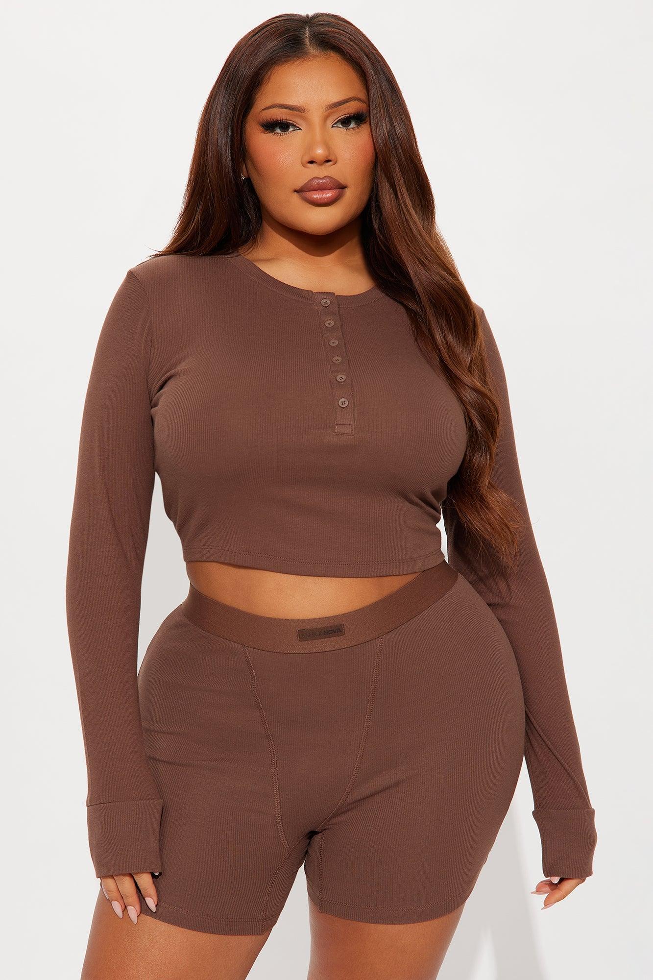FN Mood Cotton Henley PJ Boxer Short Set - Chocolate Female Product Image