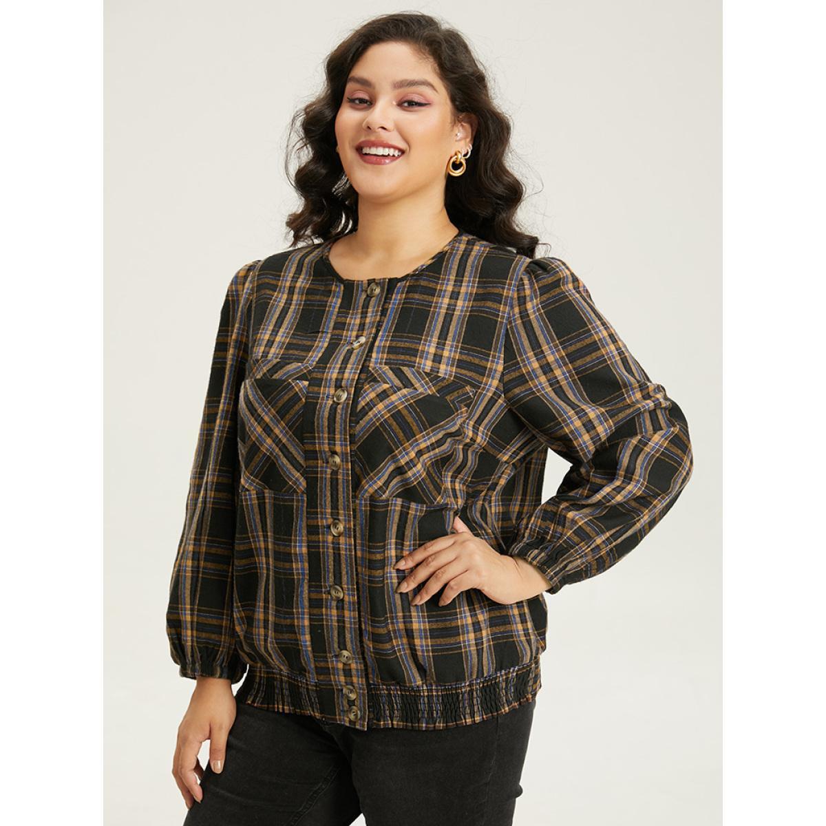 Plus Size Plaid Button Through Elastic Hem Shacket Women Black Elastic cuffs Pocket Dailywear Jackets BloomChic 10/M Product Image