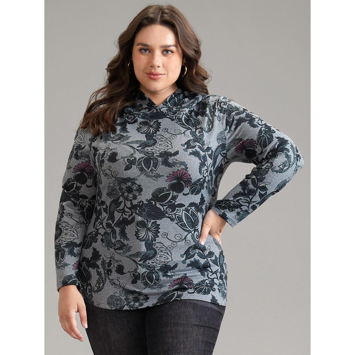 Plus Size Floral Print Hooded T-shirt DimGray Women Elegant Printed Floral Hooded Dailywear T-shirts BloomChic 22-24/3X Product Image