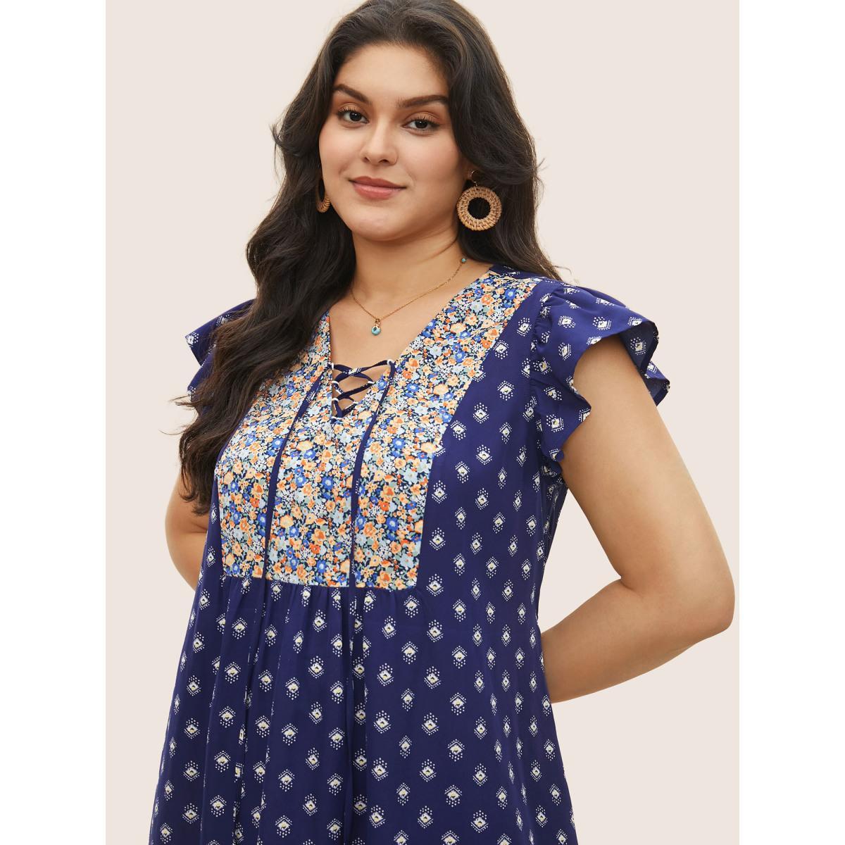 Plus Size Boho Print Ruffle Cap Sleeve Lace Up Dress DarkBlue Women Resort Non V-neck Cap Sleeve Curvy Midi Dress BloomChic 30/6X Product Image