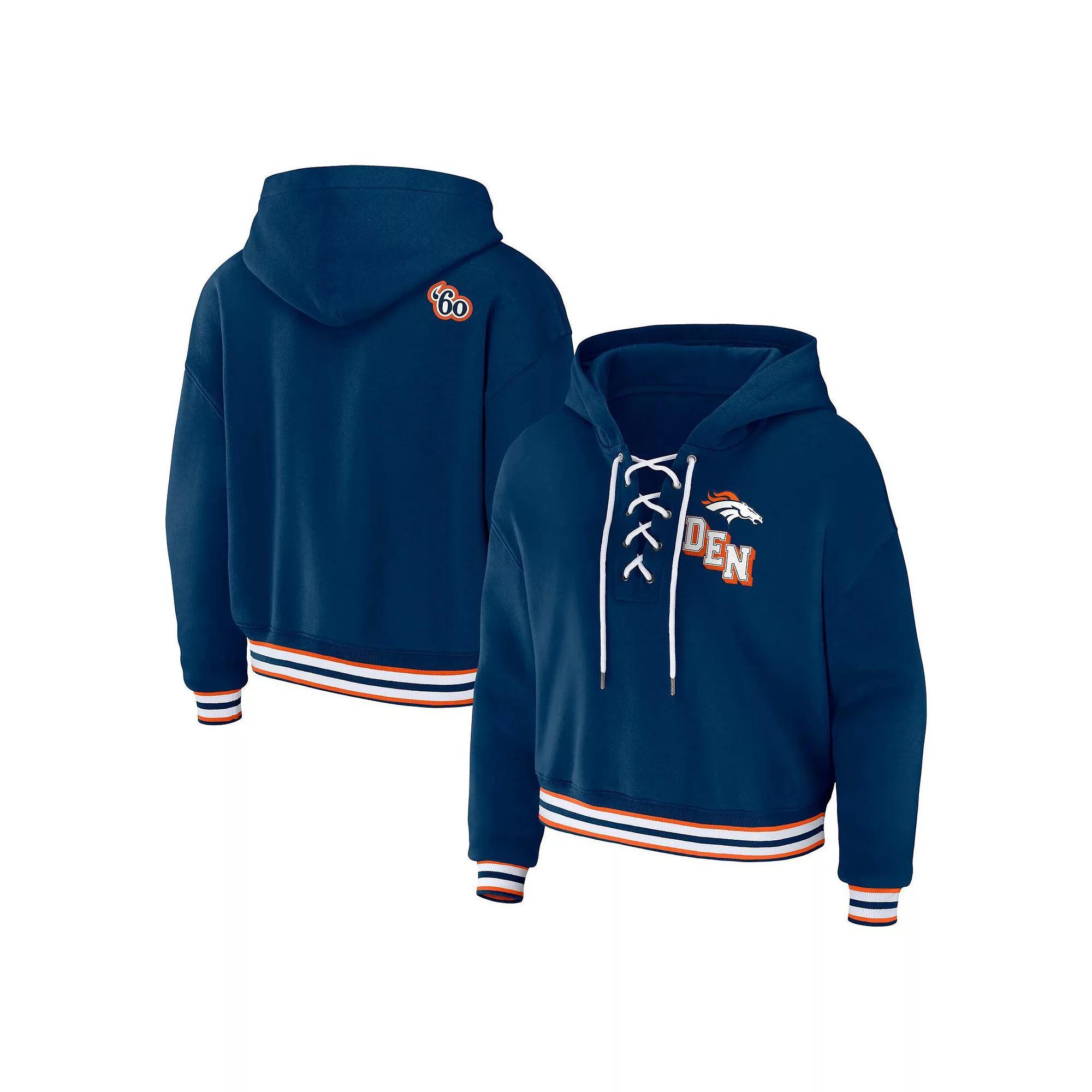 Women's WEAR by Erin Andrews Navy Denver Broncos Plus Size Lace-Up Pullover Hoodie, Size: 4XL, Blue Product Image