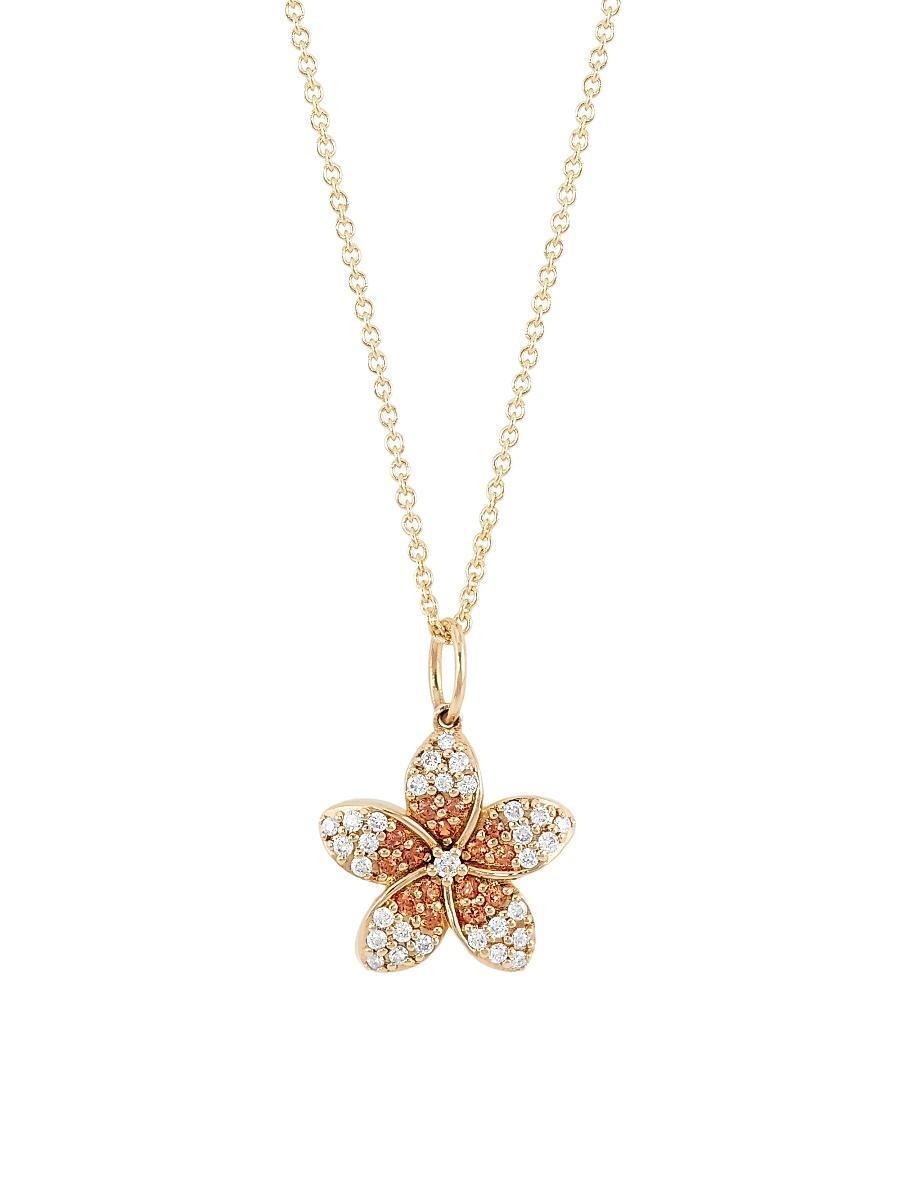 Womens 14K Yellow Gold, Diamond, & Orange Sapphire Plumeria Pendant Necklace Product Image