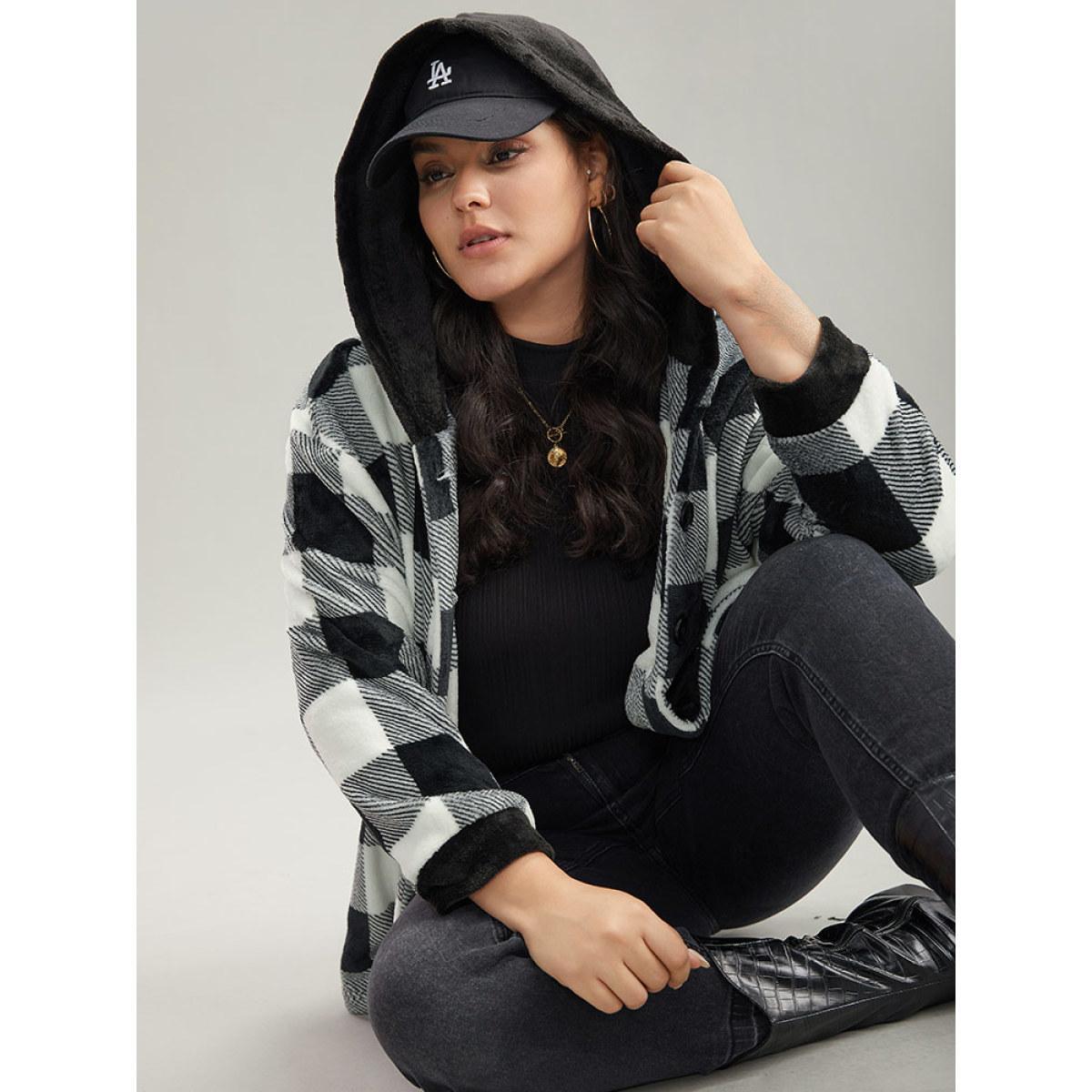 Plus Size Plaid Button Through Patchwork Hooded Jacket Women Black Casual Contrast Ladies Dailywear Winter Coats BloomChic 26/4X Product Image