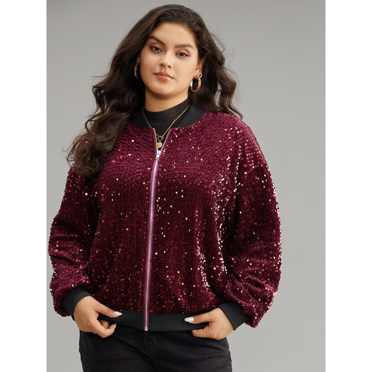 Plus Size Sequin Zipper Patchwork Contrast Bomber Jacket Women Burgundy Contrast Dailywear Jackets BloomChic 22-24/3X Product Image