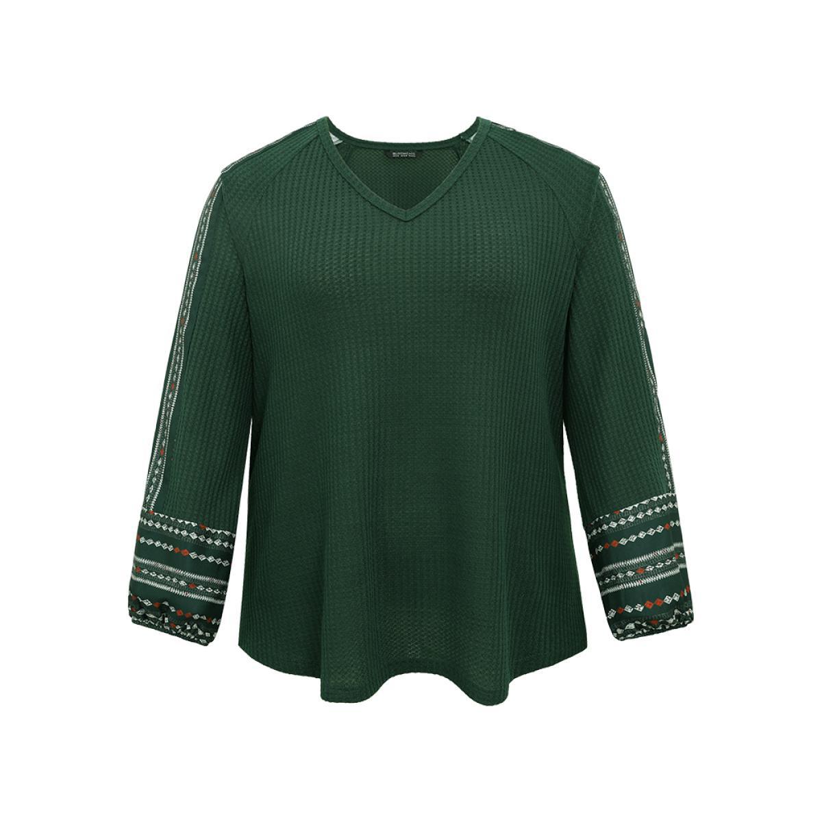 Plus Size Waffle Knit Patchwork Bandana Graphic T-shirt DarkGreen Women Elegant Waffle Knit Bohemian Print V-neck Dailywear T-shirts BloomChic 10/M Product Image