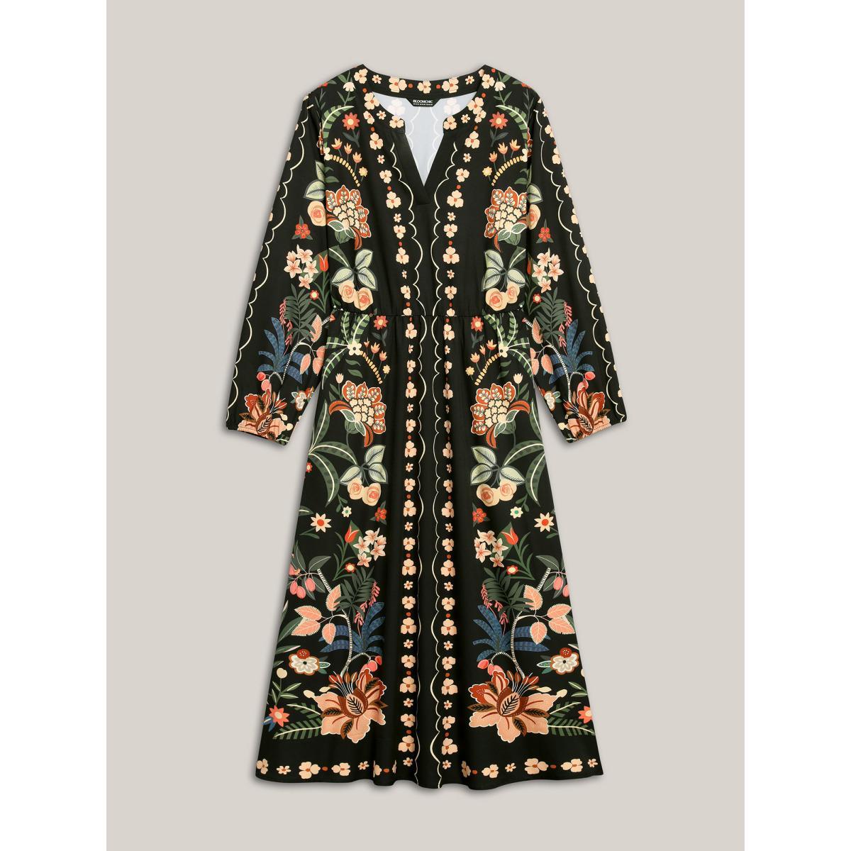Plus Size Floral Print Notched Collar Elastic Waist Dress Black Women Resort Non Flat collar with V-notch Long Sleeve Curvy BloomChic 30/6X Product Image