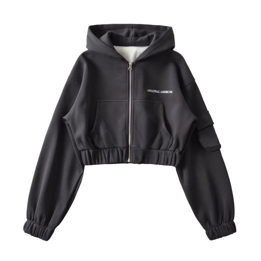 Lettering Crop Zip-Up Hoodie Product Image