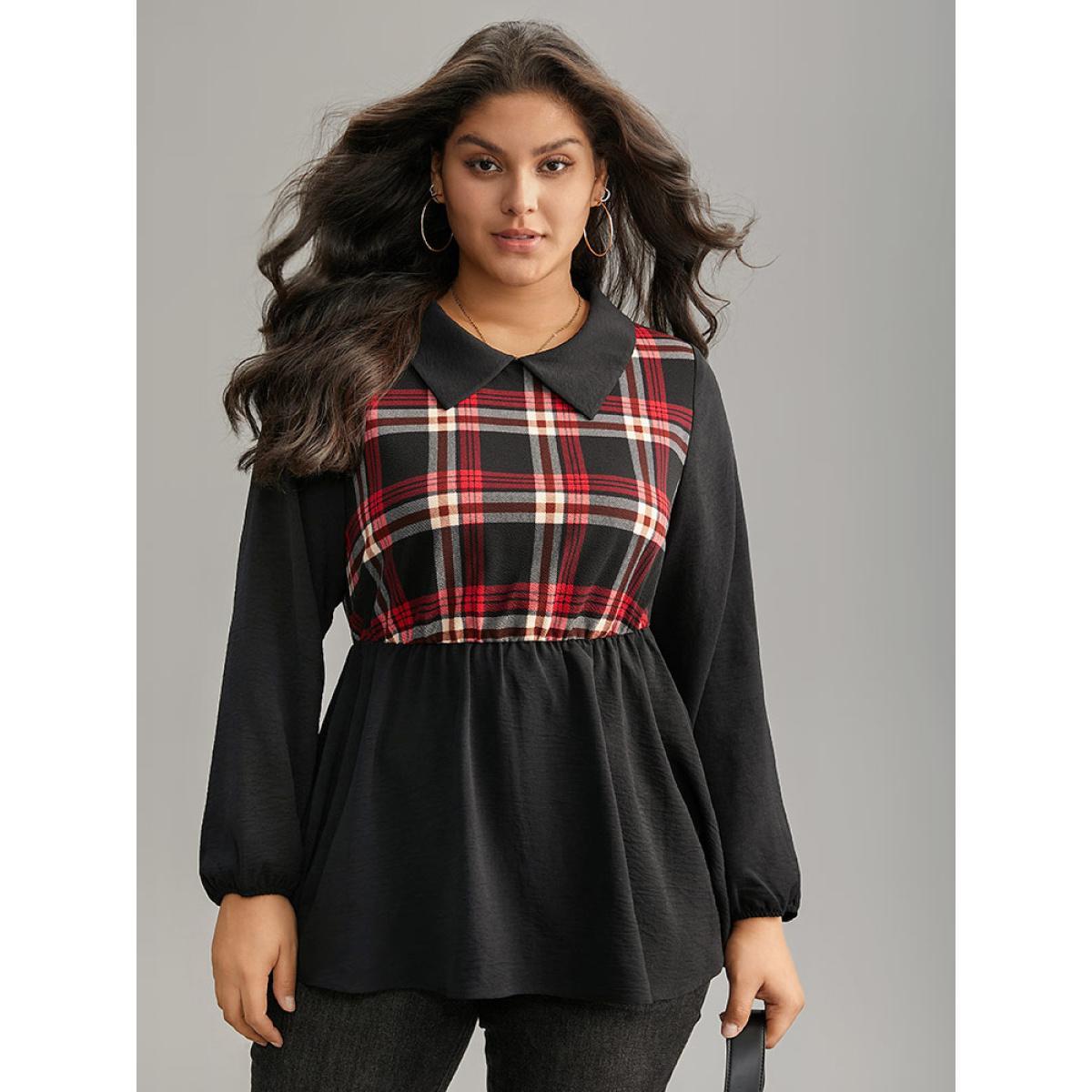 Plus Size Black Plaid Patchwork Lapel Collar Lantern Sleeve Blouse Women Office Long Sleeve Lapel Collar Work Blouses BloomChic 12/L Product Image