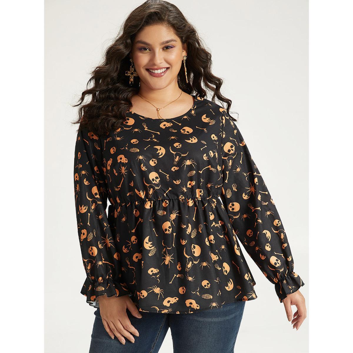 Plus Size Black Halloween Print Elastic Waist Crew Neck Lantern Sleeve Blouse Women Elegant Long Sleeve Round Neck Festival-Halloween Blouses BloomChic 12/L Product Image