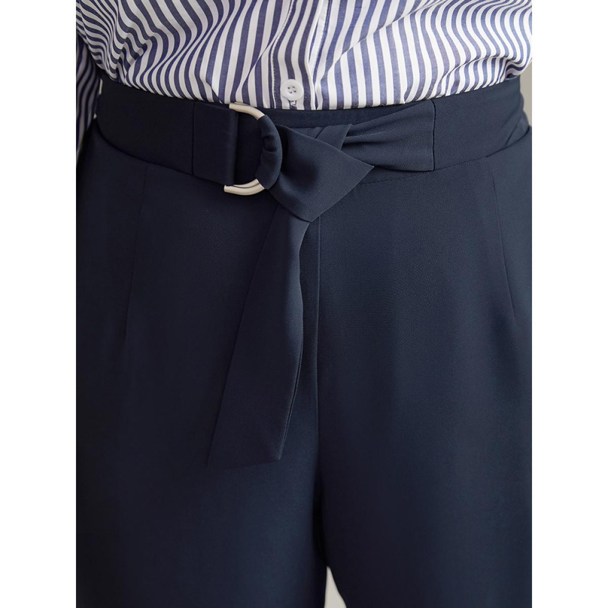 Plus Size Plain Buckle Detail Bowknot Pocket Pants Women Midnight Elegant High Rise Dailywear Pants BloomChic 10/M Product Image