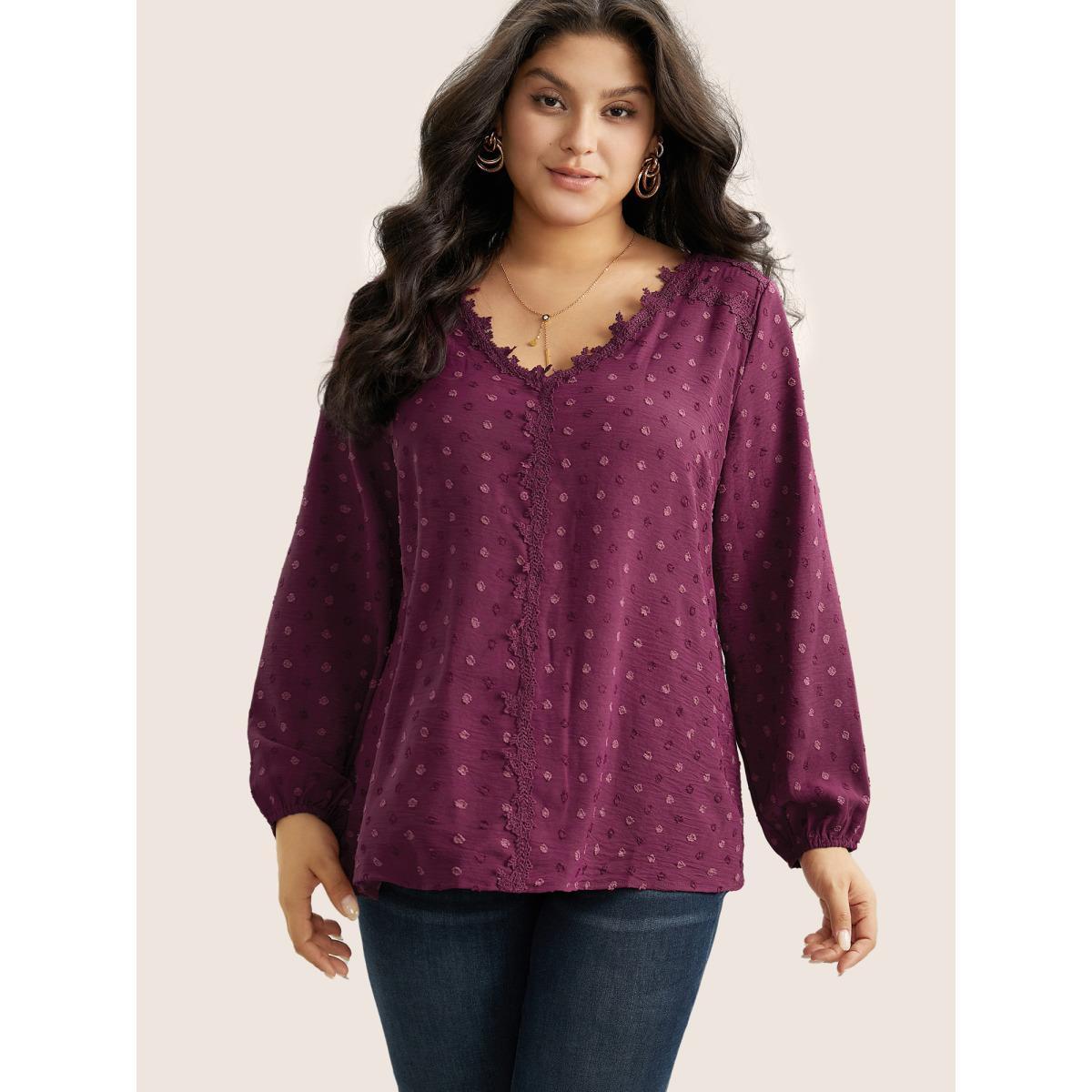 Plus Size Purple Plisse Eyelet Lace Elastic Cuffs Blouse Women Elegant Long Sleeve V-neck Everyday Blouses BloomChic 18-20/2X Product Image