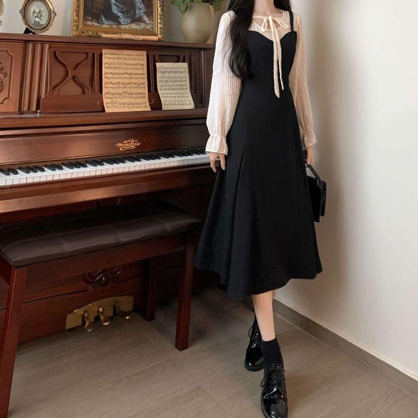 Long Sleeve Round Neck Mock Two Piece Tie Front Midi A-Line Dress Product Image