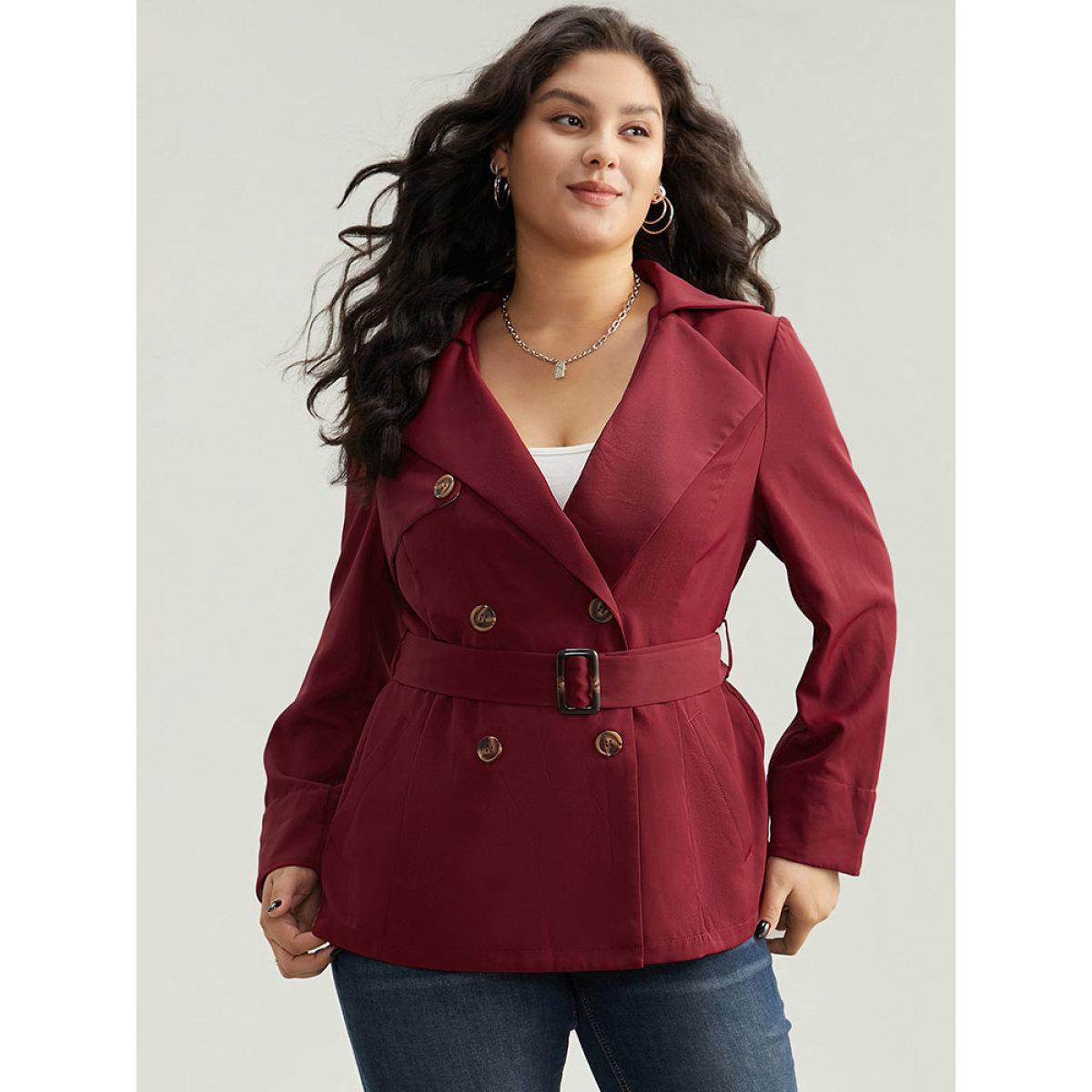 Plus Size Twill Lapel Collar Belted Button Up Buckle Detail Coat Women Burgundy Casual Plain Ladies Dailywear Winter Coats BloomChic 18-20/2X Product Image