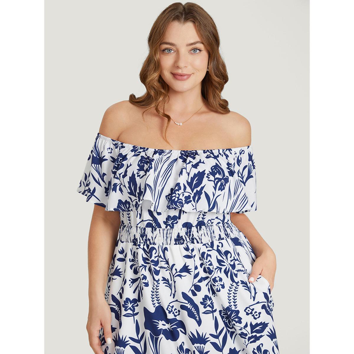 Plus Size Floral Ruffle Trim Square Neck Shirred Pocket Dress Blue Women Elegant Lined Square Neck Short sleeve Curvy Midi Dress BloomChic 12/L Product Image